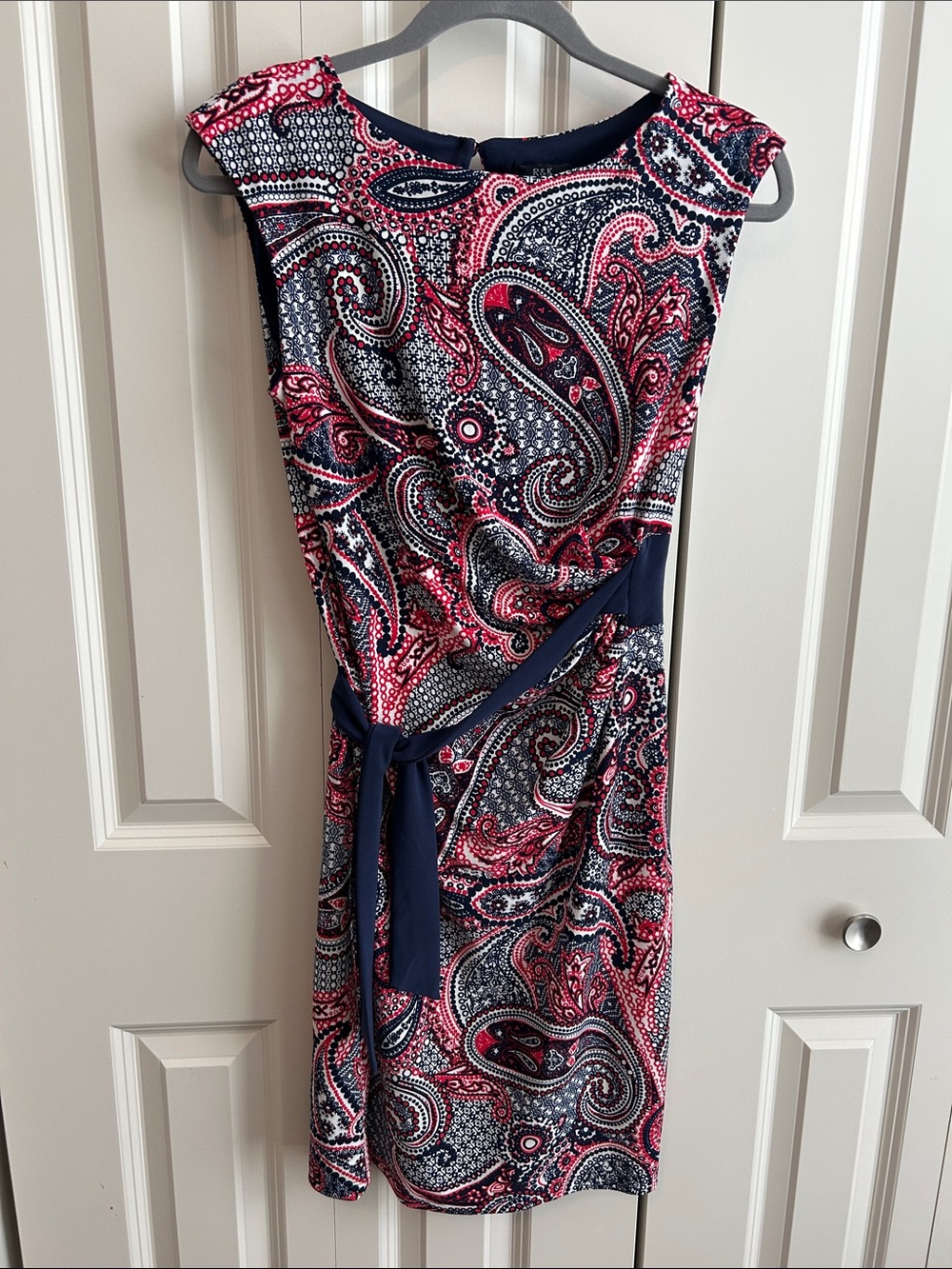 R&K Paisley Midi Dress in red, white, and navy blue